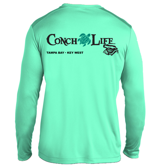 Bright Seafoam UPF50 Dri-Fit Long Sleeve Turquoise Turtle ConchLifeFL.com on Sleeve
