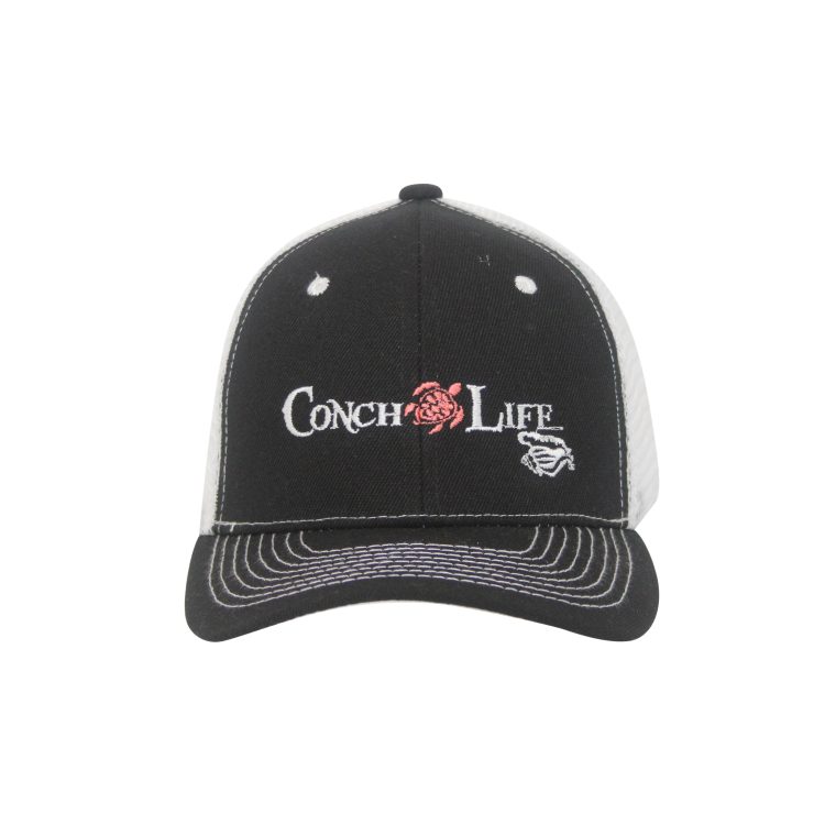 Black and White Trucker Hat with Coral Turtle
