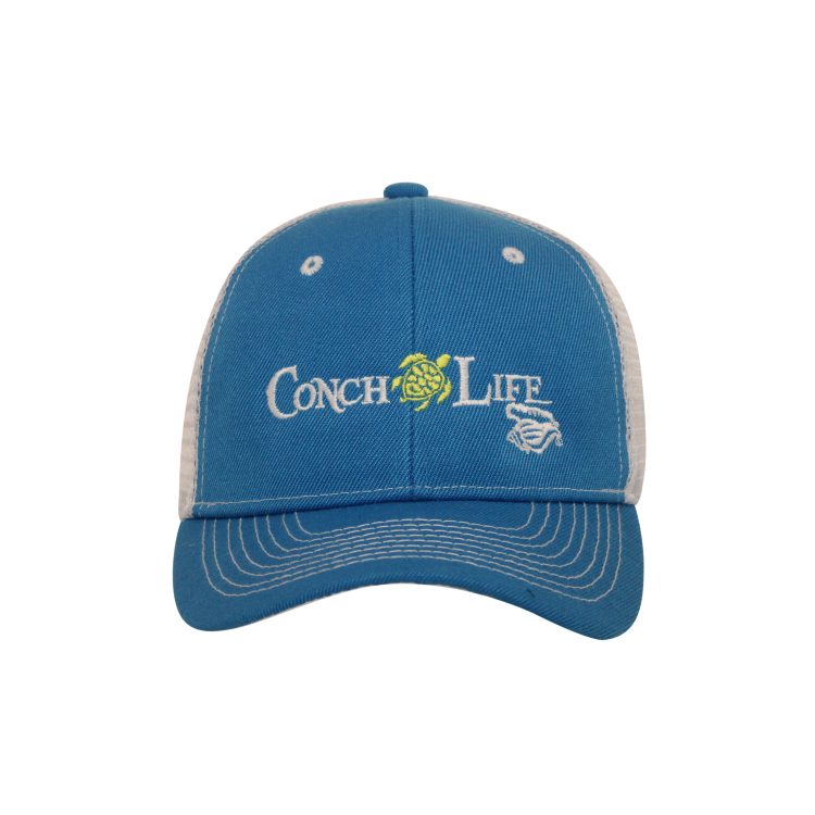 Blue and White Trucker Hat with Green Turtle