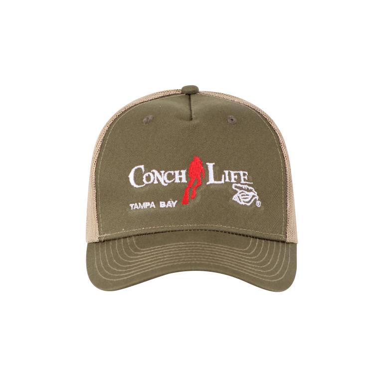 Tan and Brown Trucker Hat with Red Diver