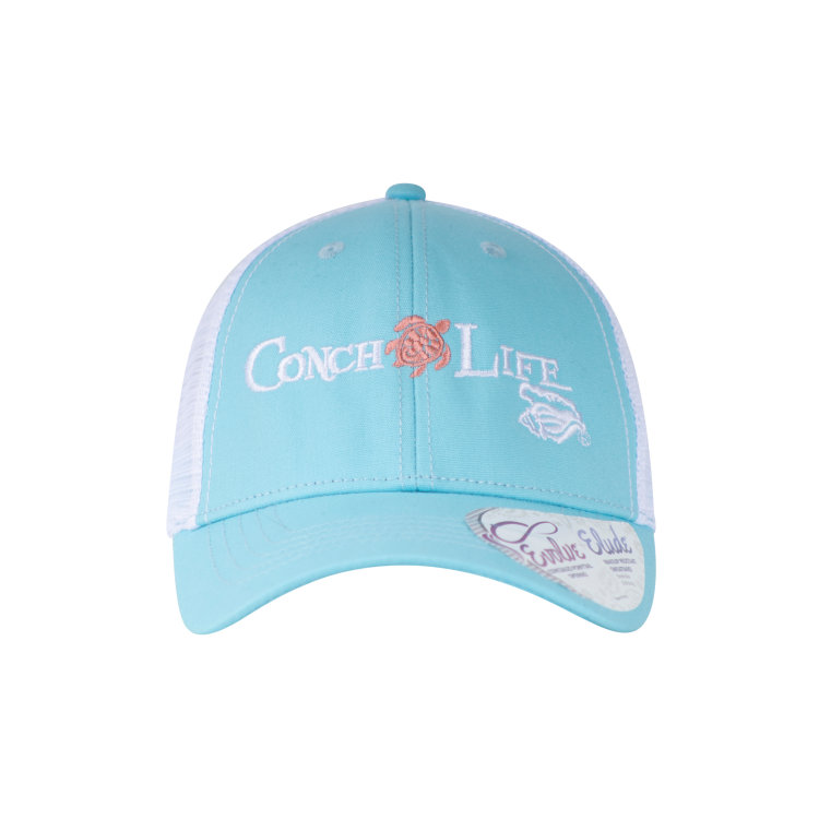 Ponytail Trucker Hat Baby Blue with Coral Turtle