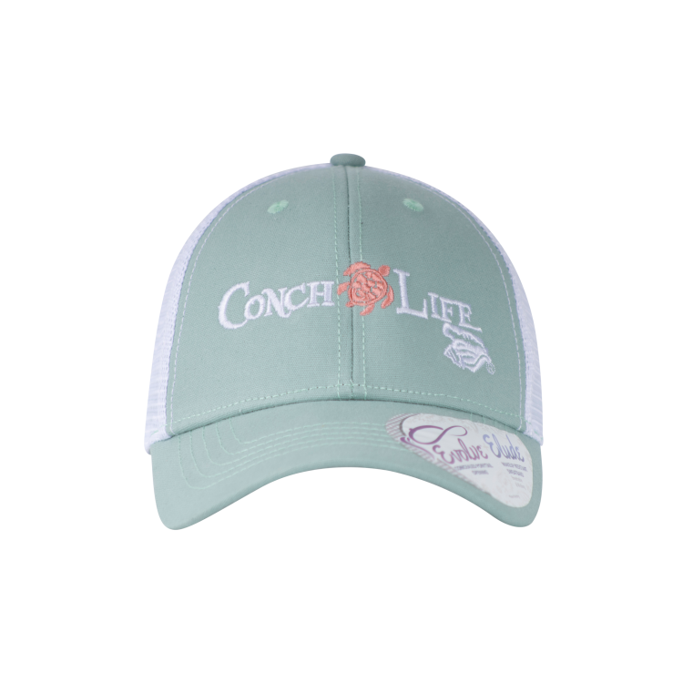 Ponytail Trucker Hat Seafoam Green with Coral Turtle