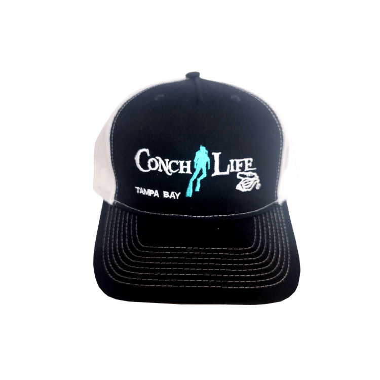 Black and White Trucker Hat with White Tampa Bay Logo and Turquoise Diver