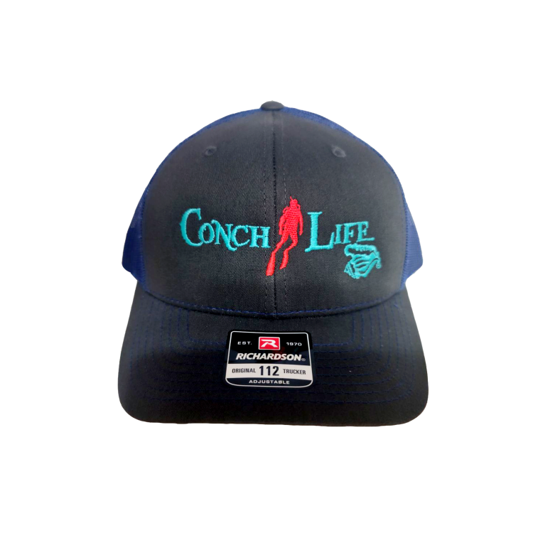 Grey and Blue Trucker Hat with Turquoise Logo and Red Diver