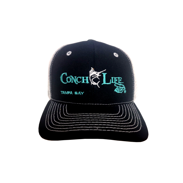 Black and White Trucker Hat with Turquoise Logo and White Marlin