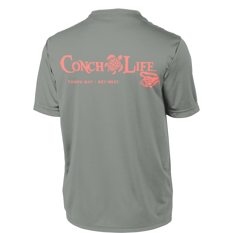Concrete Gray UPF50 Dri-Fit Coral Turtle and ConchLife Logo Short Sleeve Shirt