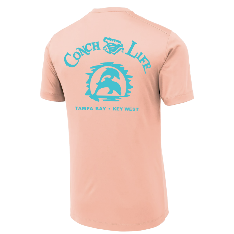 Coral UPF50 Dri-Fit Turquoise Dolphins and ConchLife Logo Short Sleeve Shirt