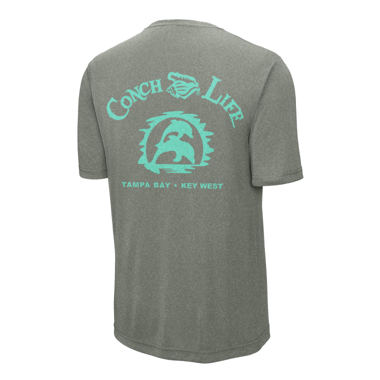 Heather Gray UPF50 Dri-Fit Turquoise Dolphins and ConchLife Logo Short Sleeve Shirt