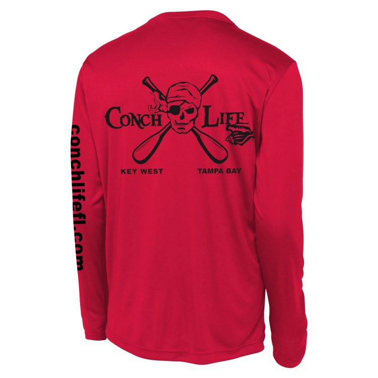 True Red UPF50 Dri-Fit Long Sleeve Skull and Oars conchlifefl.com on Sleeve