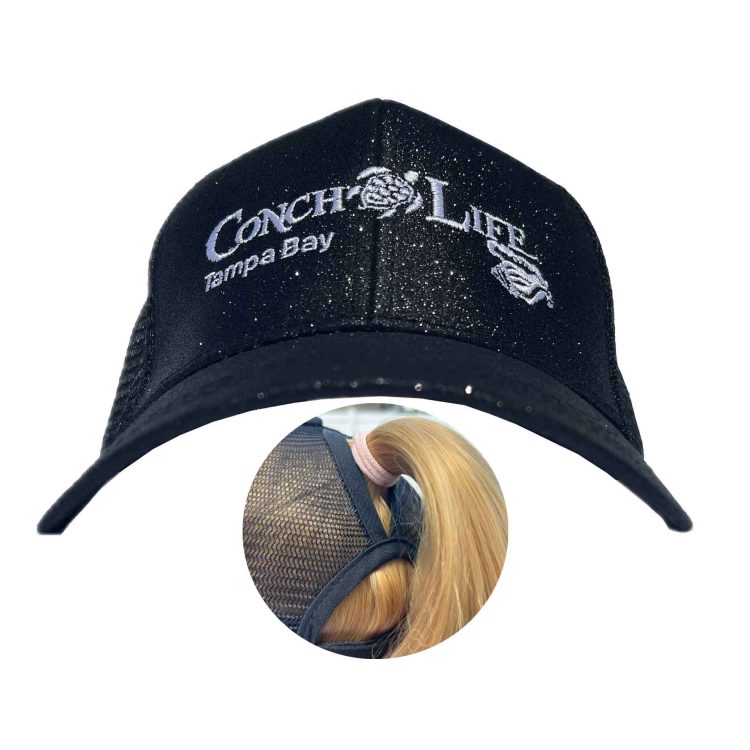 Black Sparkle Ponytail Trucker Hat with White Turtle