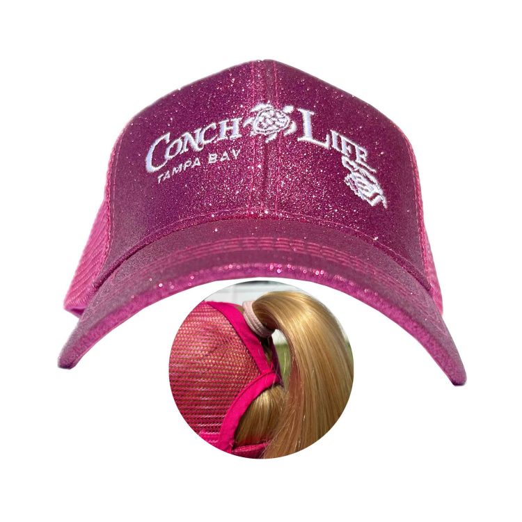 Pink Sparkle Ponytail Trucker Hat with White Turtle