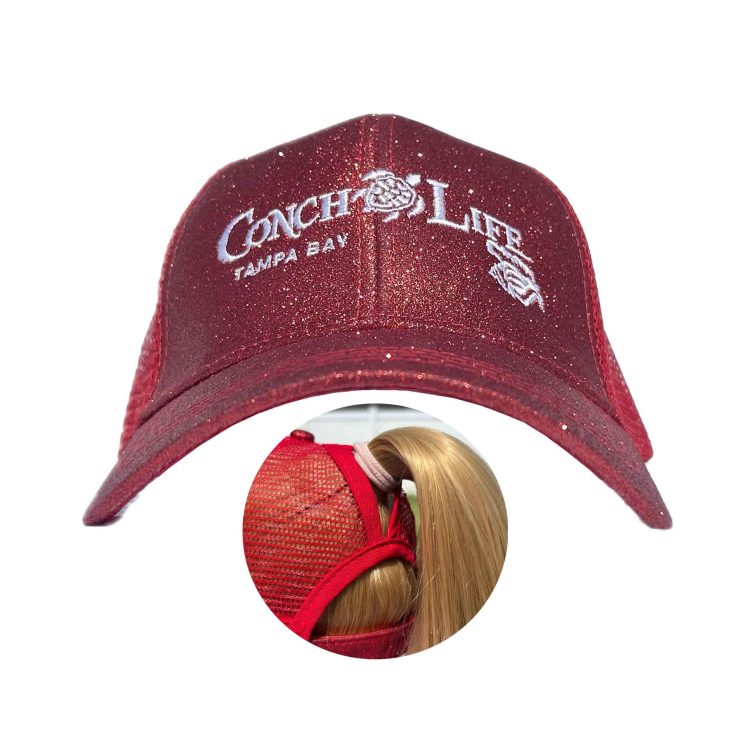 Red Sparkle Ponytail Trucker Hat with White Turtle