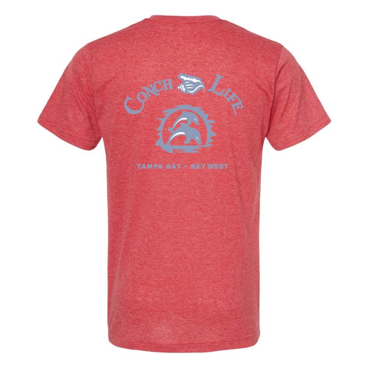 Heather Red Soft Blend V-Neck Grey Dolphins with Conch Shell Logo